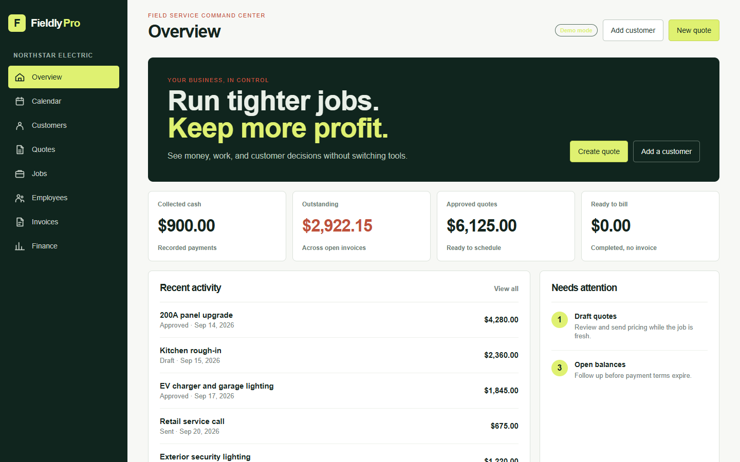 Fieldly Pro desktop overview with sample business data, navigation, and connected work